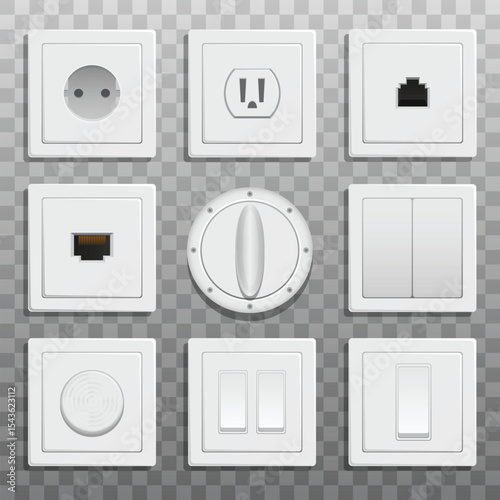 Electrical sockets, switches, and plugs arranged on a transparent surface