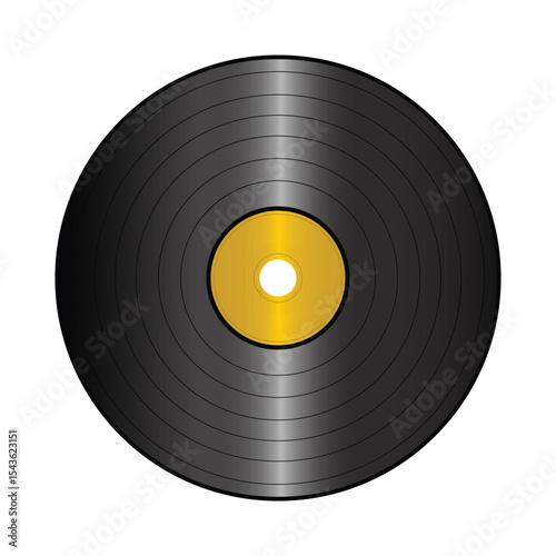 Black Vinyl Record, Golden Center: A retro music icon, isolated on white.