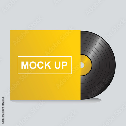 Vinyl record with yellow sleeve, music listening concept, old fashioned tech