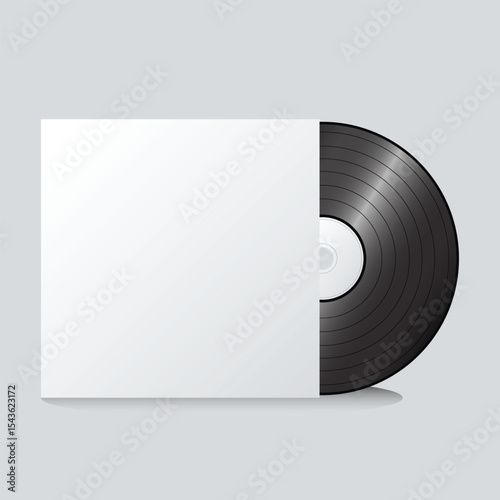 Black vinyl record with white sleeve on gray backdrop. Minimalist design.