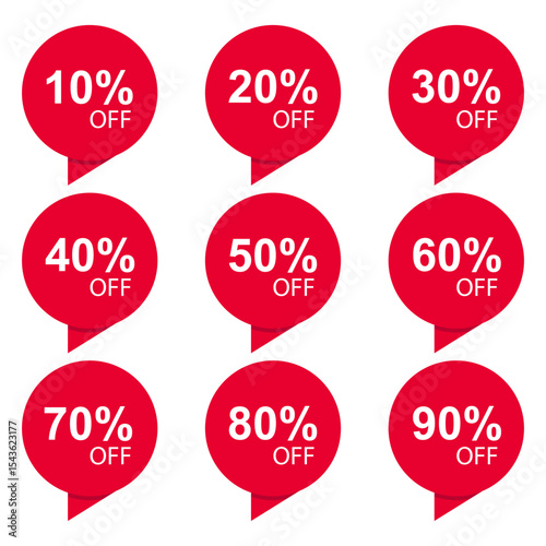 Collection of discount stickers with percentages ranging from 10% to 90%.