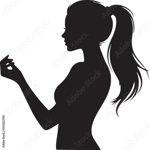 Elegant silhouette woman, ponytail hairstyle, minimal art design, graceful pose, abstract background, black and white contrast, fashion concept, artistic female figure