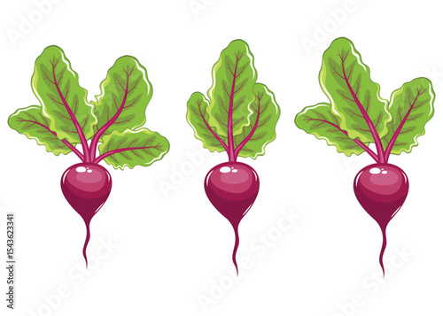 Three vibrant beets with green leaves, isolated on a clean white backdrop.