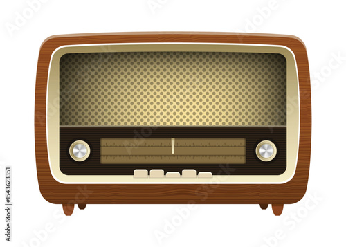 Classic wood-cased radio with knobs and push buttons, nostalgic receiver.