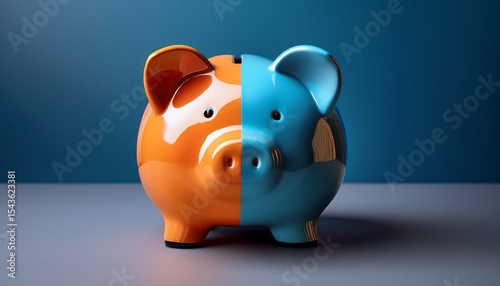 two toned piggy bank with orange and blue colors