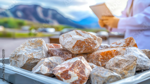 Collection of geological rocks displayed outdoors with person holding tablet in background, showcasing beauty of nature