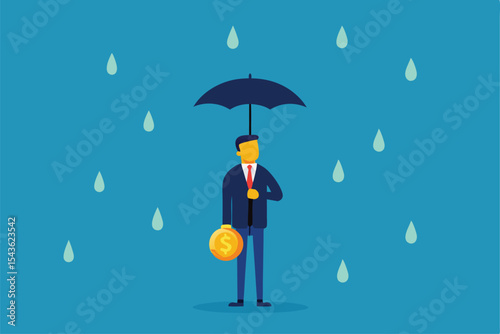 Businessman holding umbrella under falling coins representing profit  