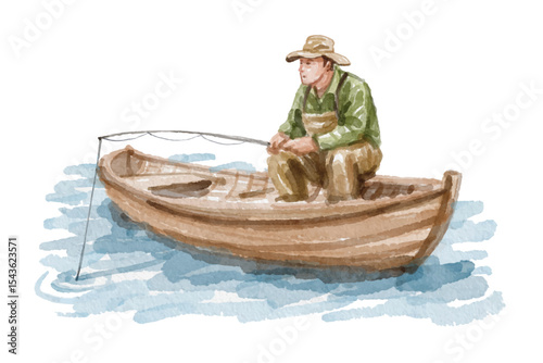 Hand painted watercolor fishing on wooden boat