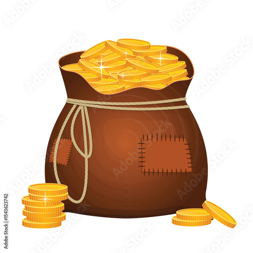 Bag overflowing with golden coins; wealth and prosperity in abundance