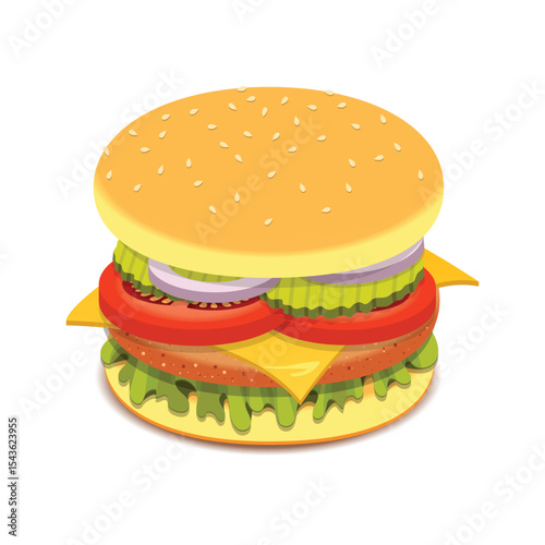 Illustration of a delicious burger with fresh toppings on a white background.