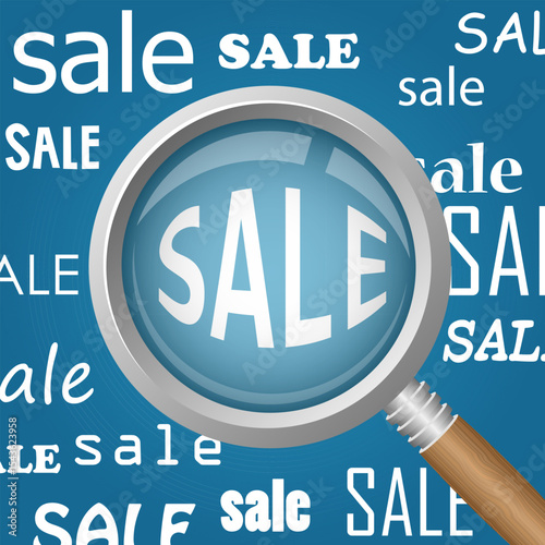 Magnifying glass hovering over words that say "Sale" on a blue background