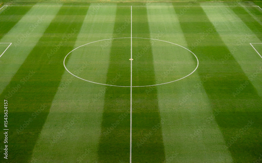 Obraz premium Empty Soccer Field with Pristine Striped Grass and Symmetrical Markings