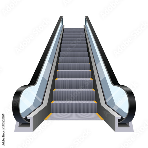 Rising escalator with gray steps and black handrails on a white background.