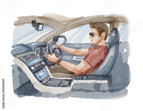 Hand painted watercolor man driving car