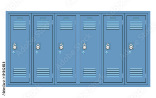 Row of Blue Lockers Secured with Combination Locks in a Public Institution