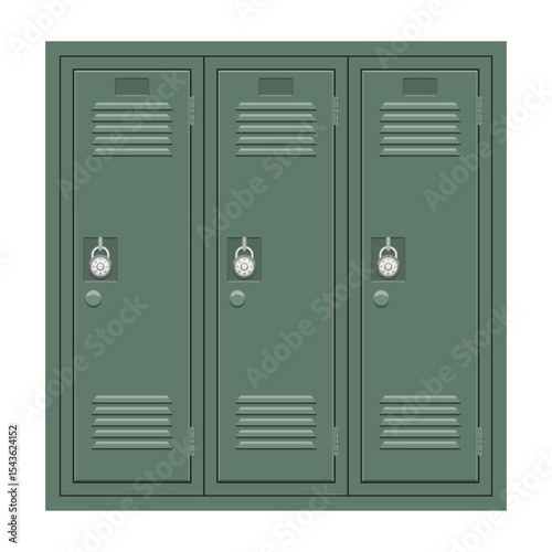 Three metal lockers sit side-by-side, secured with combination locks. 
