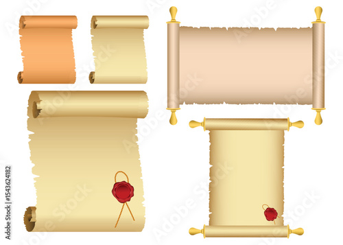 Collection of old paper scrolls and parchment with vintage designs elements