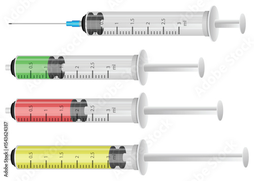 Four syringes filled with differently colored liquid solutions.