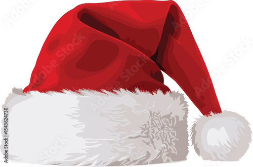 Vector illustration of classic red Santa Claus hat with white fur trim, festive Christmas accessory, holiday fashion icon, winter celebration costume, seasonal design, merry decoration element