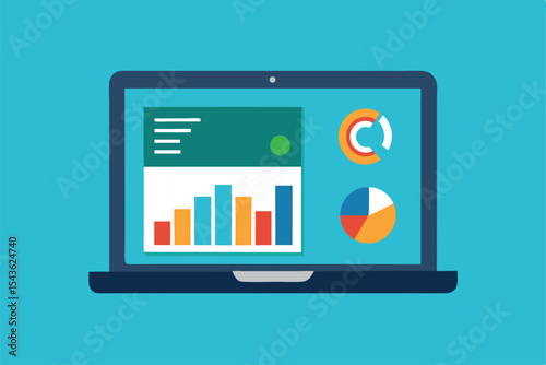 Digital marketing dashboard on laptop with charts and stats  