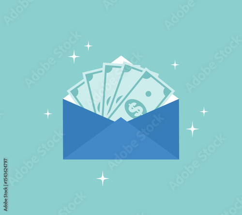 Blue envelope with banknotes inside on green background. Flat vector illustration