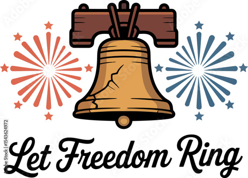 Liberty bell icon with fireworks and let freedom ring script for American independence celebration vector illustration 