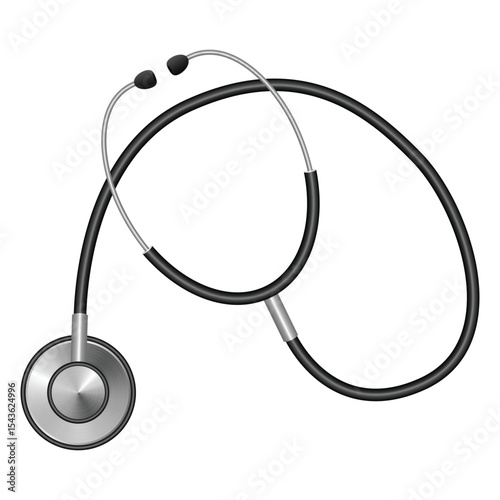 A black medical stethoscope with silver accents, isolated on white background