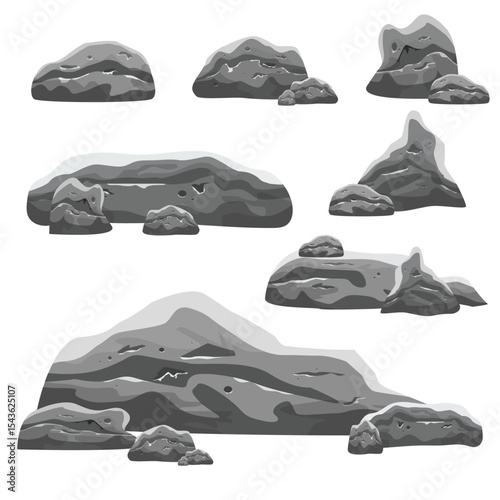 A collection of gray rocks of various shapes and sizes on a white background