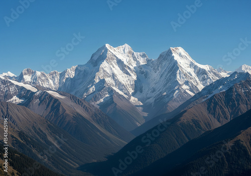 Majestic Snow-Capped Mountain Range Under Clear Blue Sky