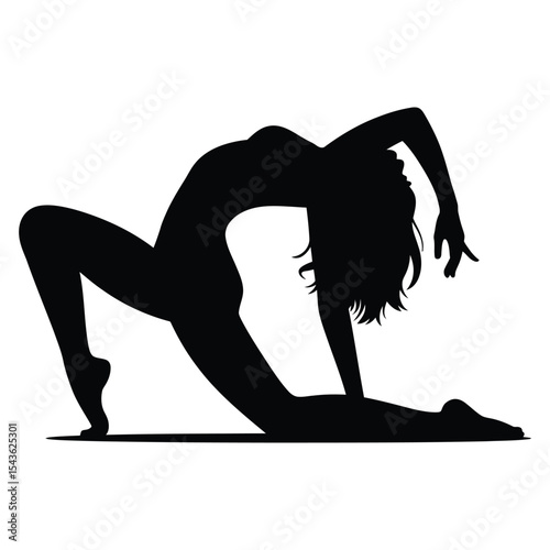 woman in Back arch cobra-like dance pose, a striking black silhouette of a woman performing a dynamic, contorted pose.