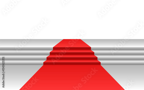 Red carpet on stairs leading up to a white surface. Classic entrance.