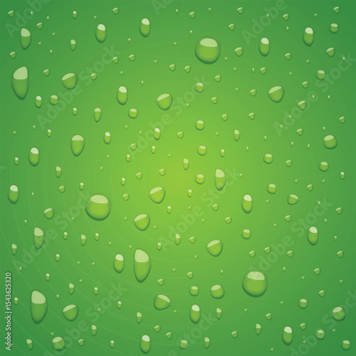 Water droplets on a vibrant green background creating a refreshing feeling.