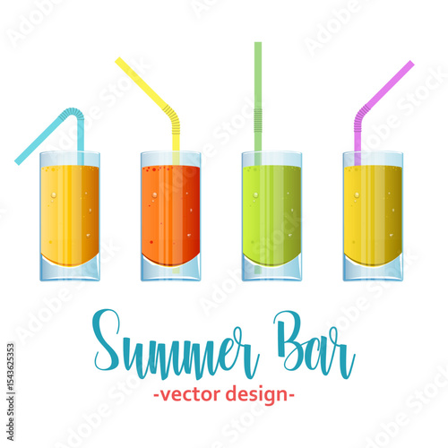 Refreshing fruit juices for a summer treat: orange, carrot, green, and yellow.