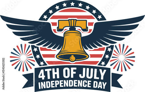Liberty bell with wings and stars for American 4th of July badge style, tropical oceanic celebration style  