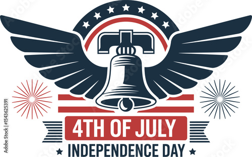 Liberty bell with wings and stars for American 4th of July badge style patriotic vector