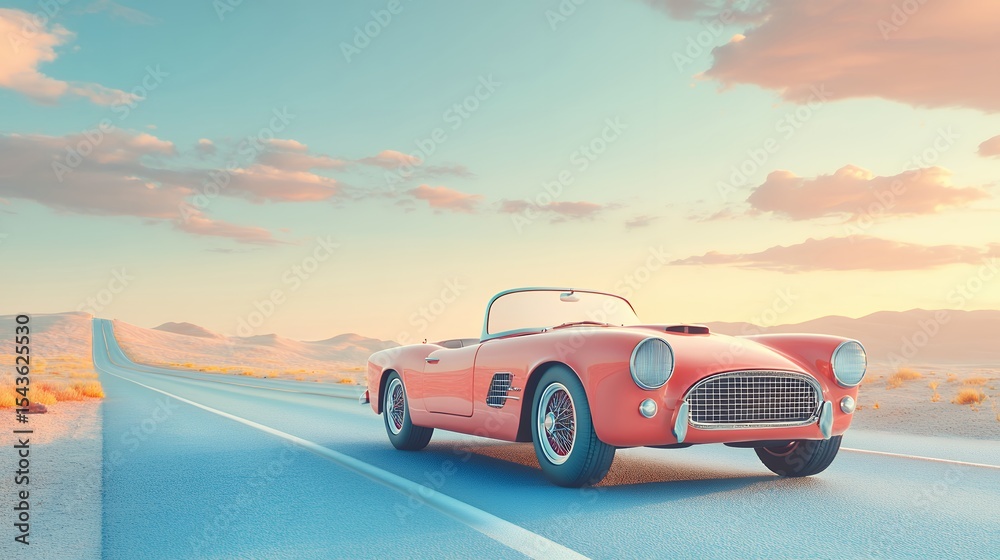 Fototapeta premium Classic Red Convertible on Desert Highway at Sunset