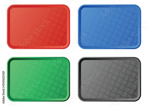 Colorful trays: Organized display of four serving trays in red, blue, green, grey.