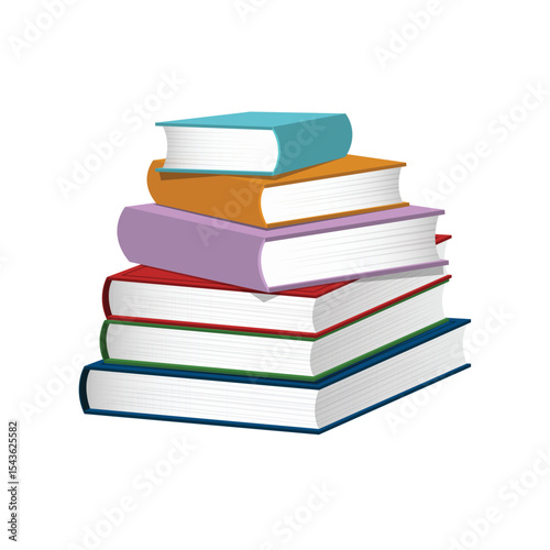 Stack of colorful, hardcover books piled on top of each other on white background