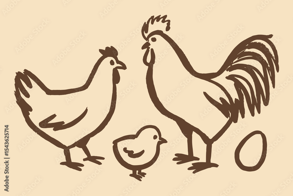 Fototapeta premium Chicken rooster chick egg naive sketch vector illustration