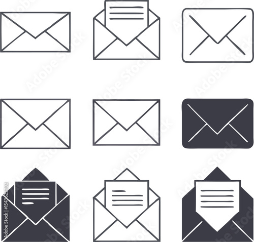 Minimalist black and white vector icon set featuring email and message symbols such as open envelopes, closed mail, and notification icons for communication and interface design