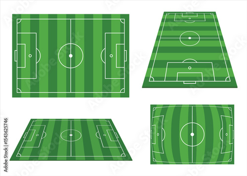 Variety of grassy soccer fields in different perspective styles of design.