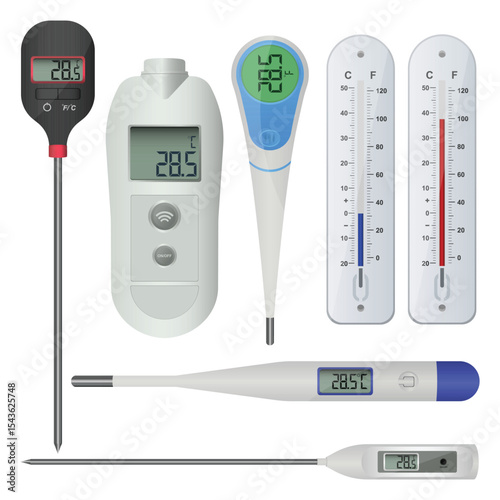 Thermometers: Variety of digital and analog temperature measurement tools.