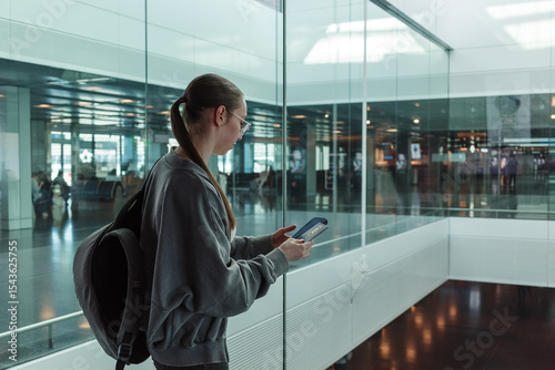 Young woman with a backpack holding a passport and smartphone at a contemporary airport. Concept of international travel, identity verification and global mobility.