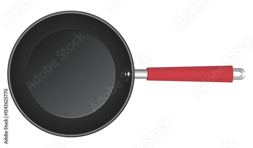 Black skillet with red handle. Nonstick cooking tool for frying or sautéing.