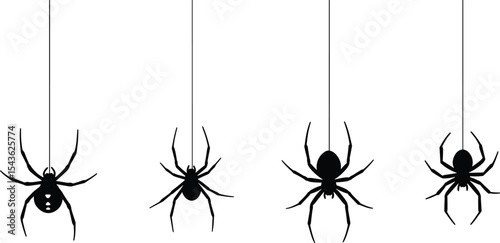 Black silhouette spiders hanging on thread, creepy insect illustration for Halloween, spooky arachnids vector, horror decoration elements, realistic crawling spider design for scary seasonal projects