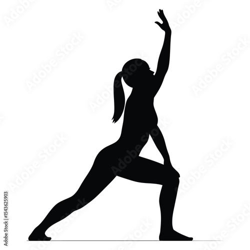 woman in Bent-knee power stance dance pose, a black silhouette of a woman performing a yoga or stretching pose against a pure white background.