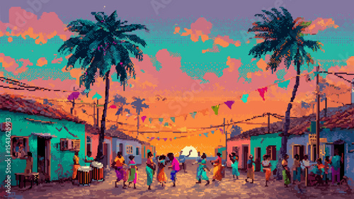 Pixel Art of a Caribbean Street Festival with Steelpan Musicians Dancing Crowd Flags and Palm Trees at Sunset