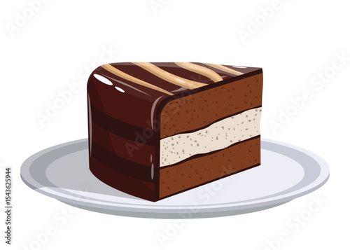Piece of layered chocolate cake on a plate, dessert, sweet, bakery treat.