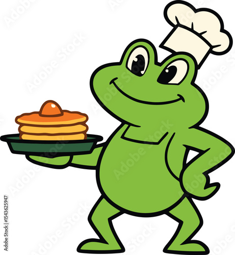 Mascot of Frog Chef character with a cake. 