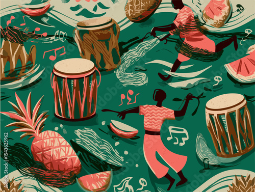 Seamless Pattern with Stylized Steelpan Drums Dancing Figures Tropical Fruits Music Notes and Waves in a Rhythmic Flow